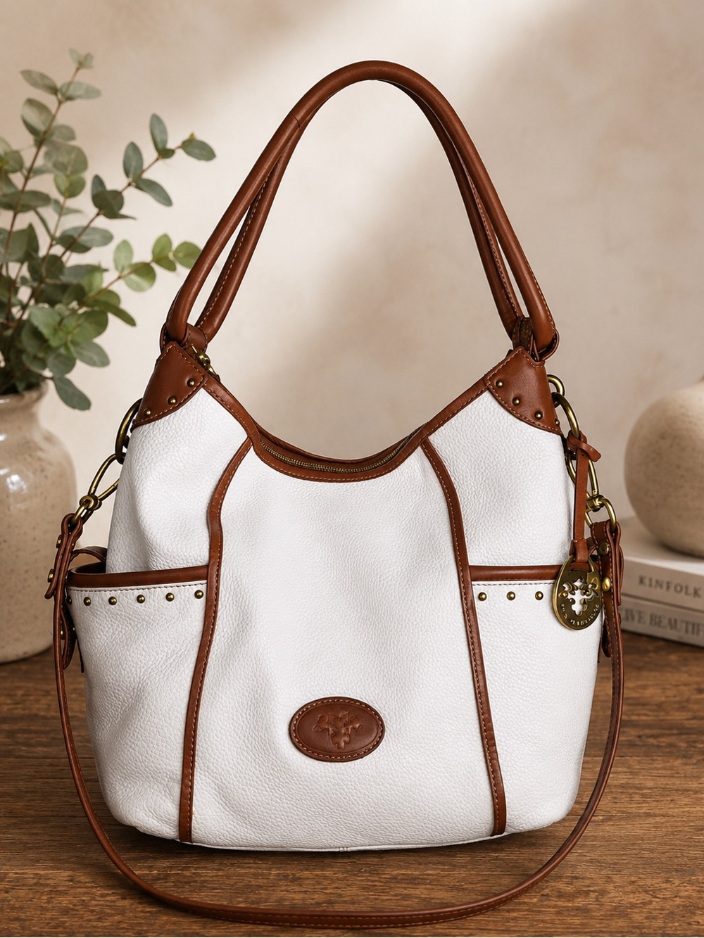 Prix De Dressage white leather with brown trim shoulder bag Equestrian